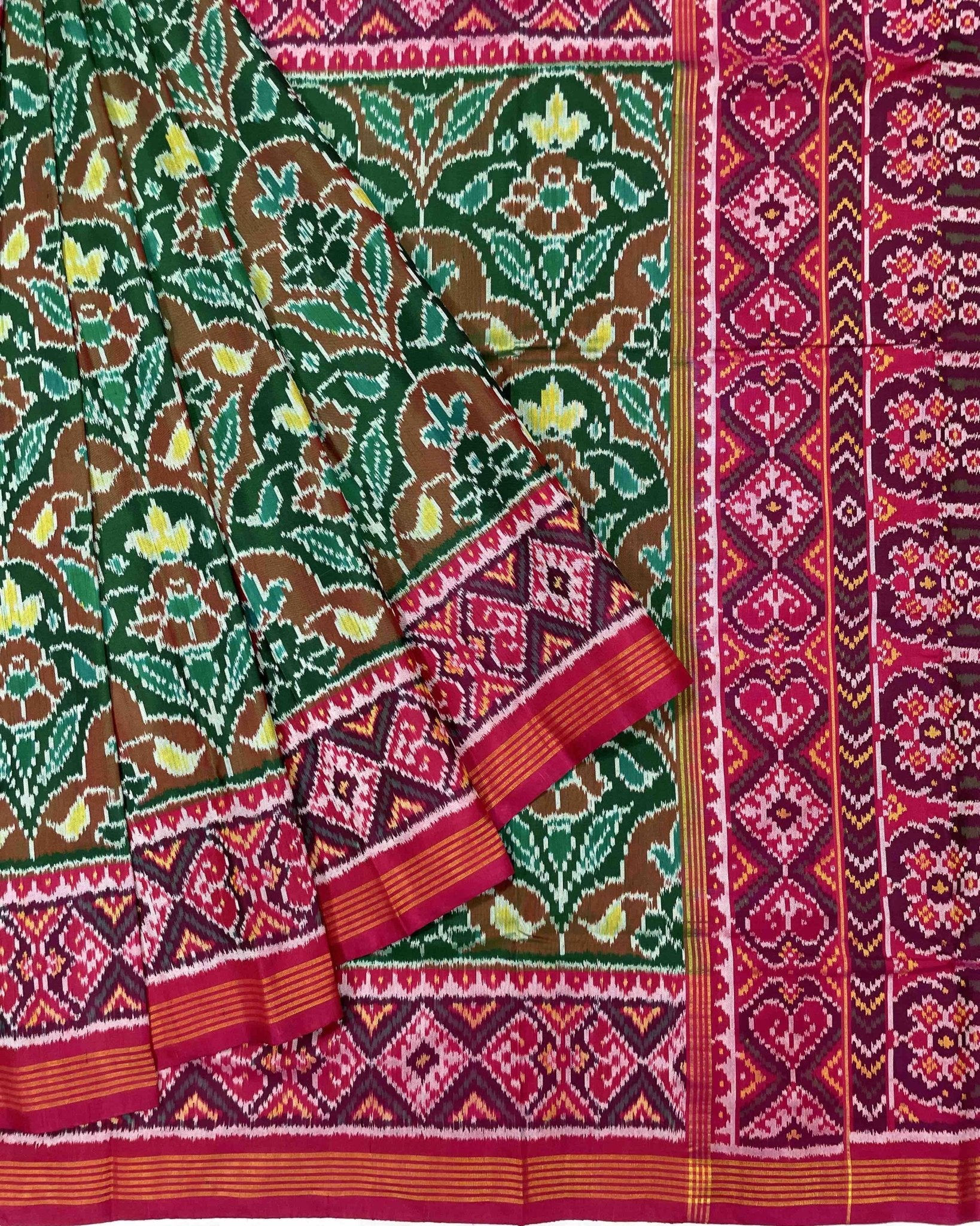Pink & Green Flower Designer Patola Saree - SindhoiPatolaArt