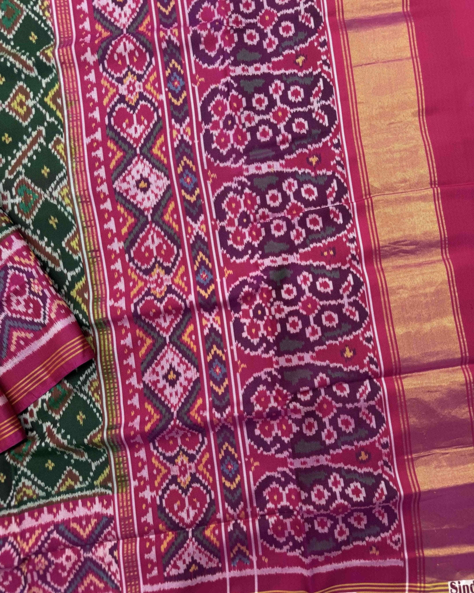 Pink & Green Manekchowk Semi Double Ikat Patola Saree - SindhoiPatolaArt