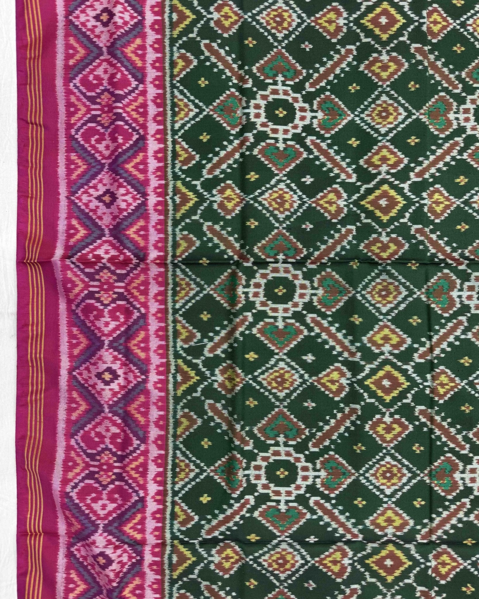 Pink & Green Manekchowk Semi Double Ikat Patola Saree - SindhoiPatolaArt