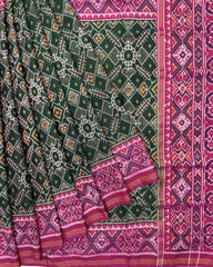 Pink & Green Manekchowk Semi Double Ikat Patola Saree - SindhoiPatolaArt