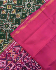 Pink & Green Manekchowk Semi Double Ikat Patola Saree - SindhoiPatolaArt