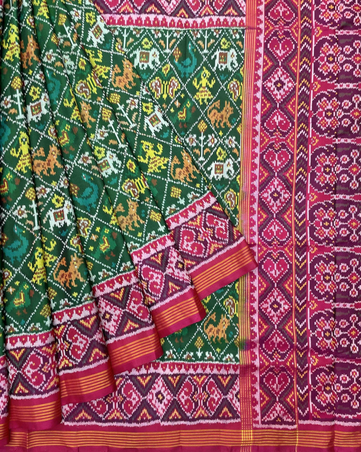 Pink & Green Narikunj Designer Patola Saree - SindhoiPatolaArt