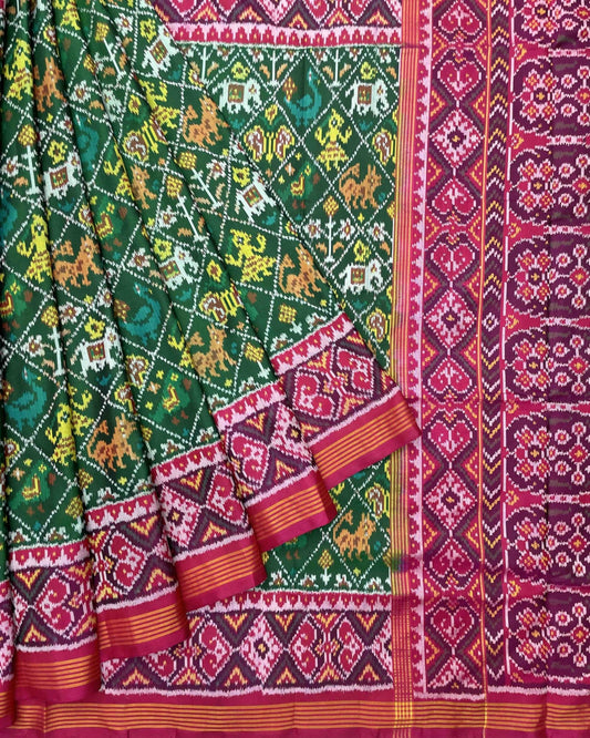Pink & Green Narikunj Designer Patola Saree - SindhoiPatolaArt