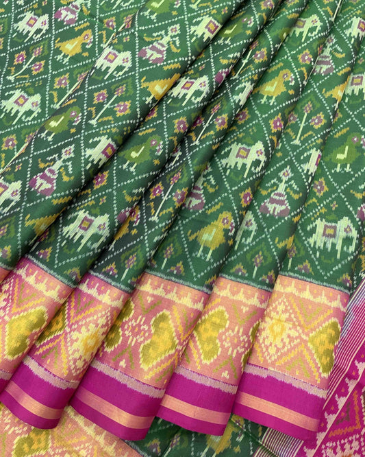 Pink & Green Narikunj Designer Patola Saree - SindhoiPatolaArt