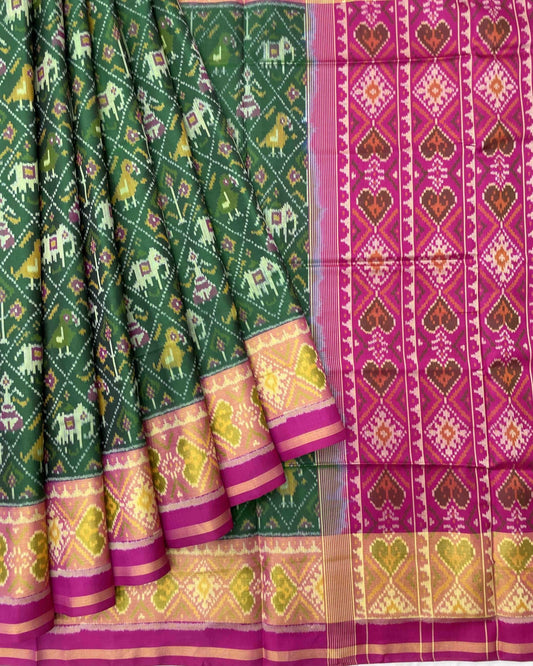 Pink & Green Narikunj Designer Patola Saree - SindhoiPatolaArt