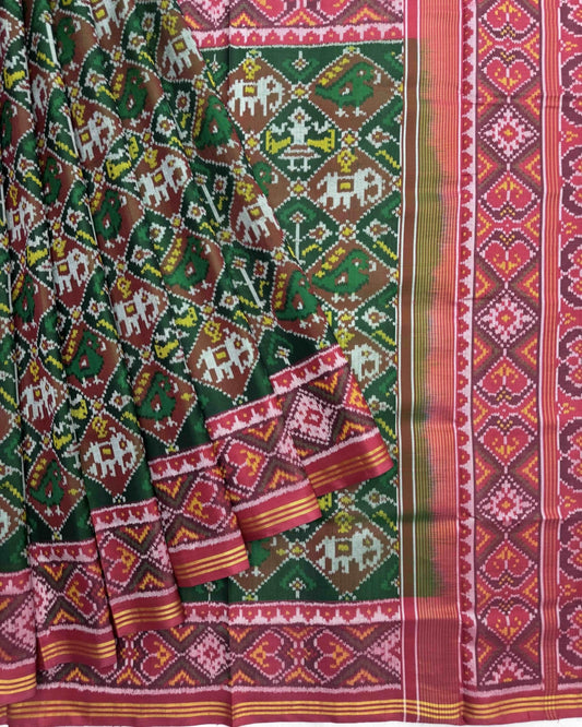 Pink & Green Navratan Semi Double Ikat Patola Saree - SindhoiPatolaArt