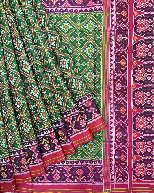 Pink & Green Panchanda Patola Saree - SindhoiPatolaArt
