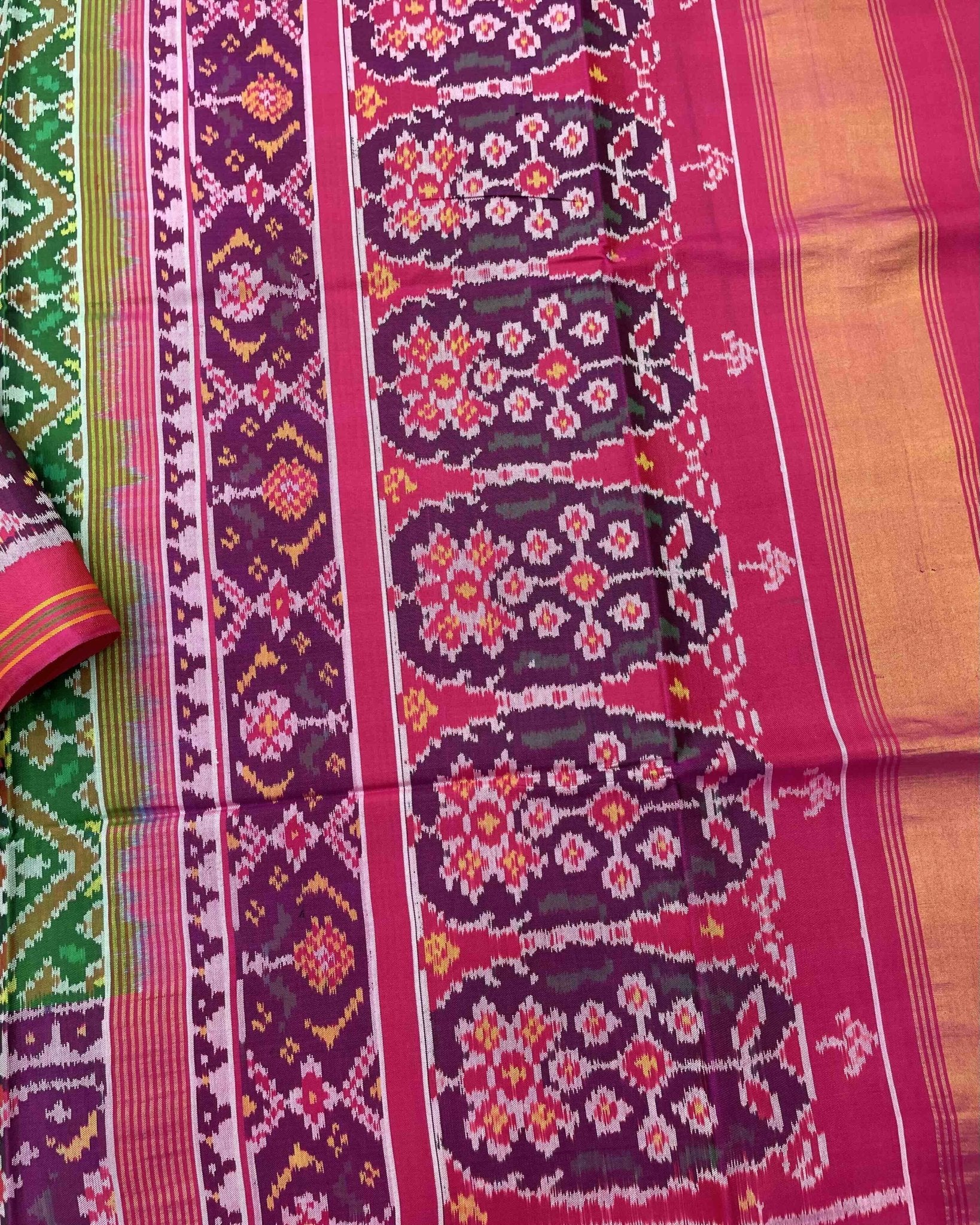 Pink & Green Panchanda Patola Saree - SindhoiPatolaArt