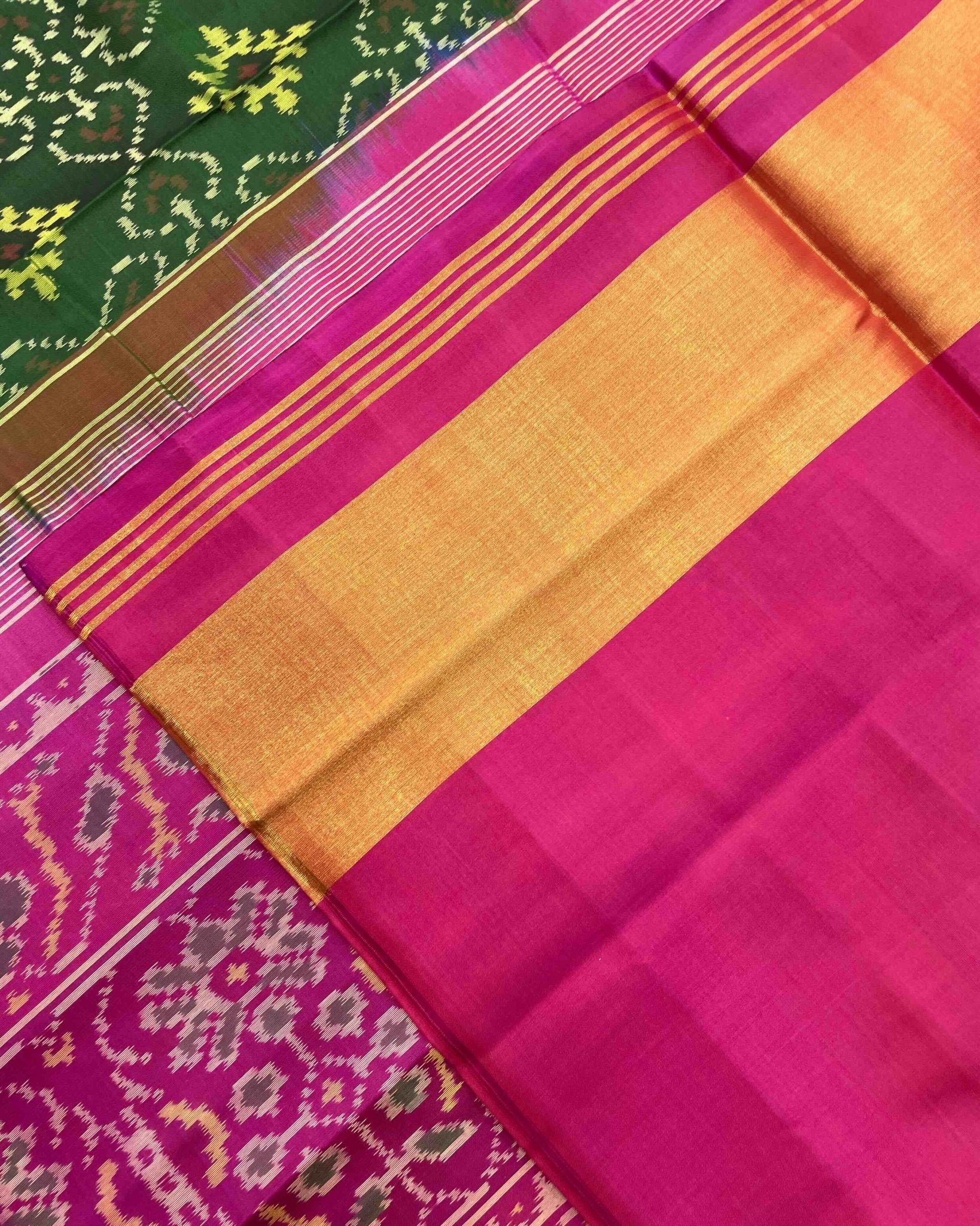 Pink & Green Panchanda Patola Saree - SindhoiPatolaArt