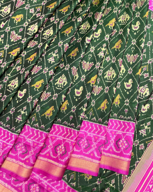 Pink & Green Small Figure Narikunj Patola Saree - SindhoiPatolaArt