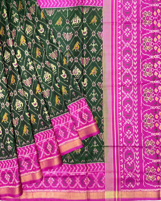 Pink & Green Small Figure Narikunj Patola Saree - SindhoiPatolaArt