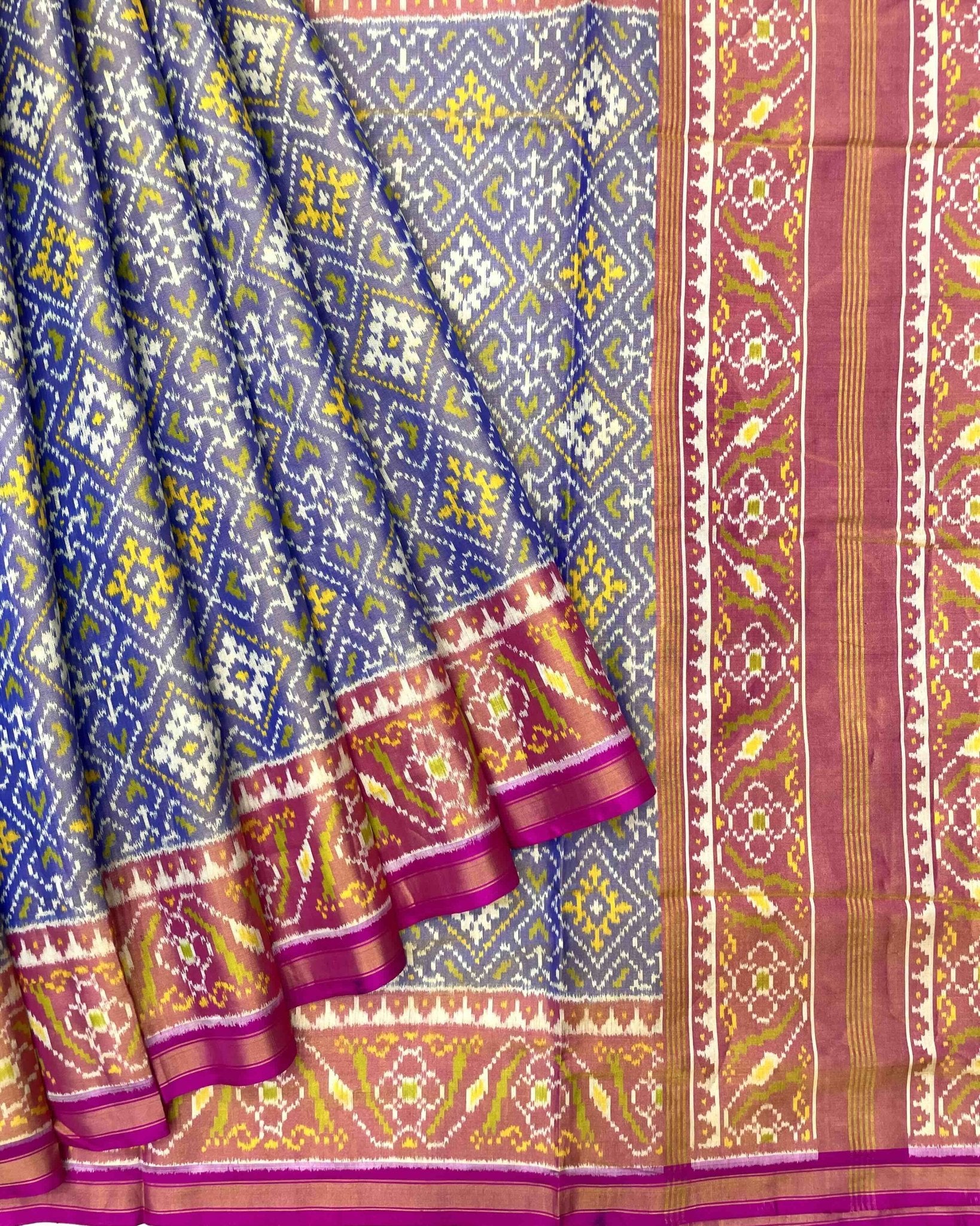 Pink & Greish Blue Panchanda Tissue Patola Saree - SindhoiPatolaArt