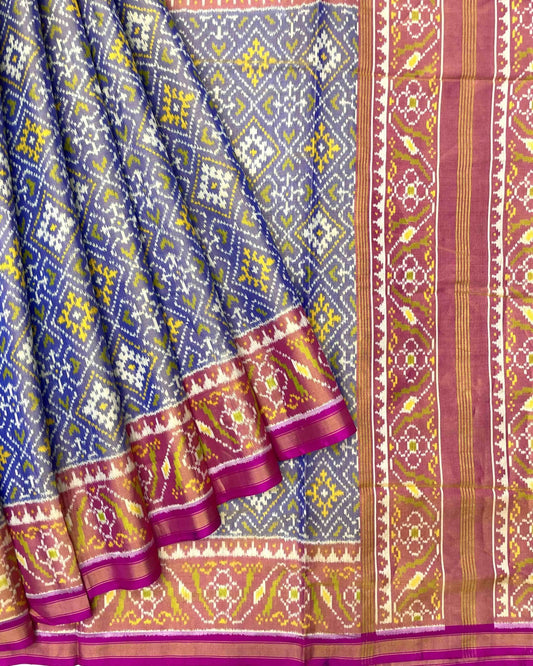 Pink & Greish Blue Panchanda Tissue Patola Saree - SindhoiPatolaArt