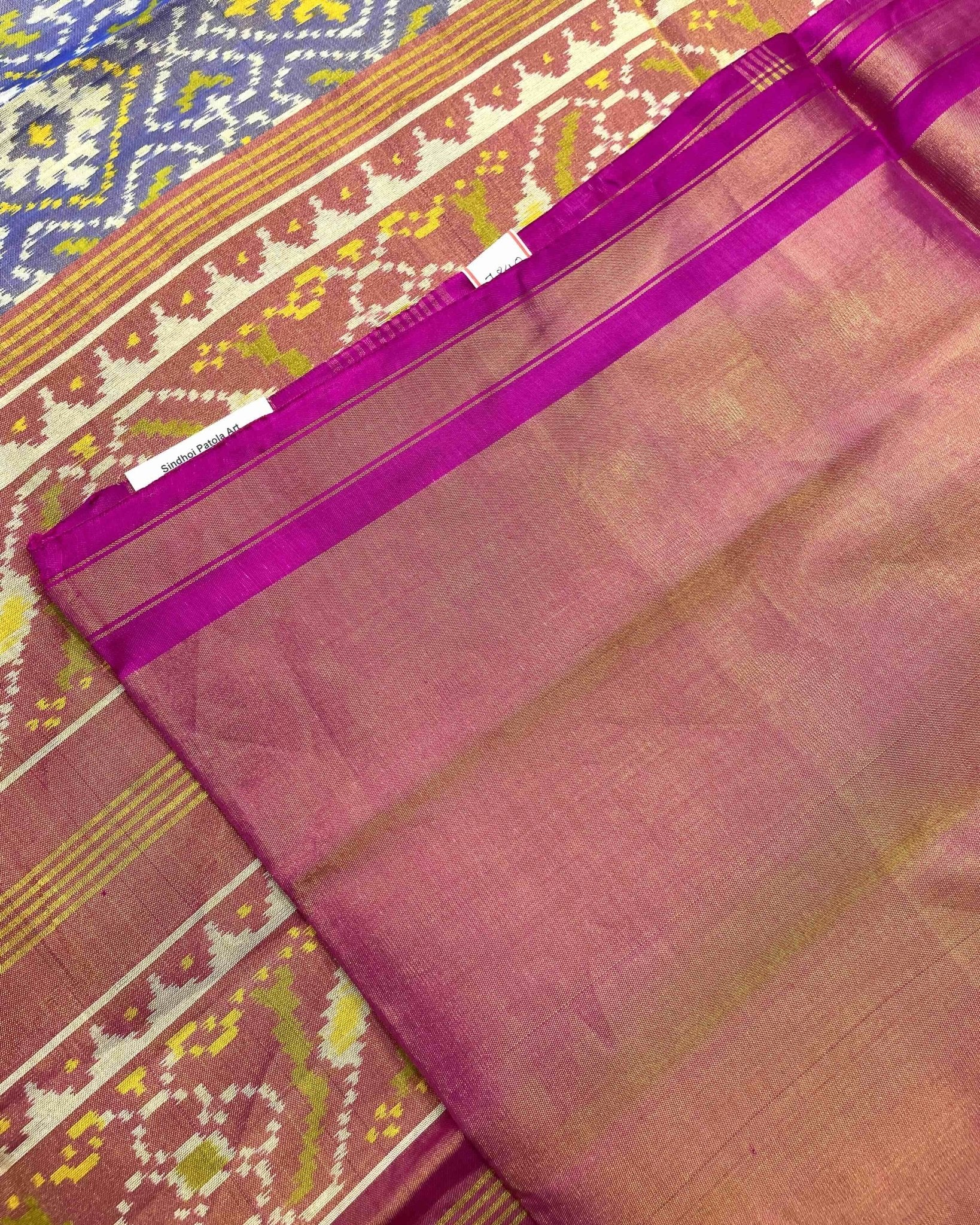 Pink & Greish Blue Panchanda Tissue Patola Saree - SindhoiPatolaArt