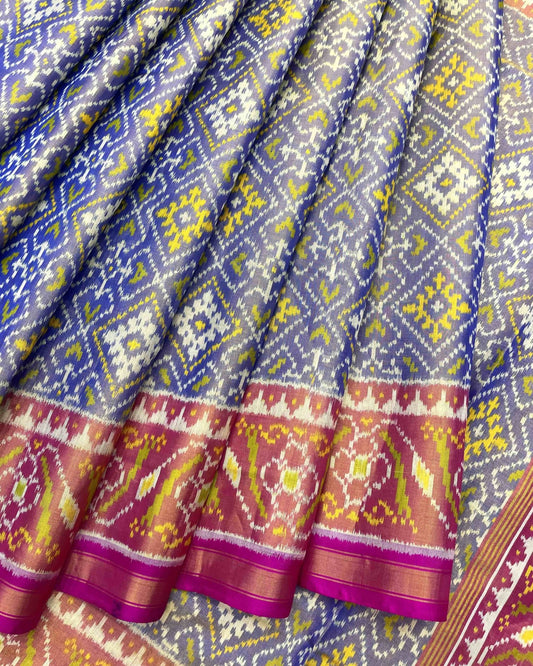 Pink & Greish Blue Panchanda Tissue Patola Saree - SindhoiPatolaArt