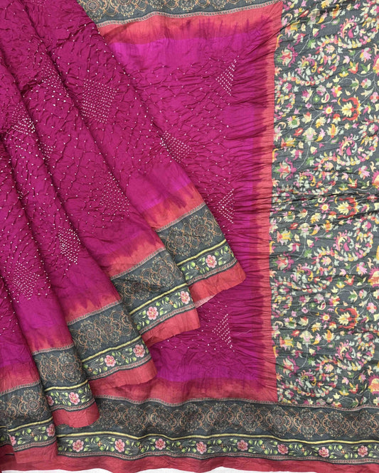 Pink & Grey Pichhwai Bandhani Saree - SindhoiPatolaArt