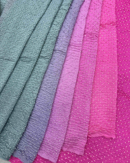 Pink & Grey Shaded Munga Silk Bandhani Saree - SindhoiPatolaArt