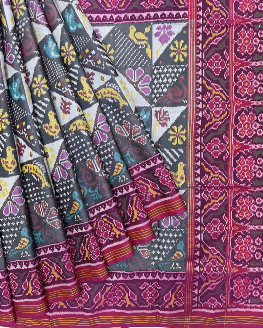 Pink & Grey with White Fancy Narikunj Semi Double Ikat Patola Saree - SindhoiPatolaArt
