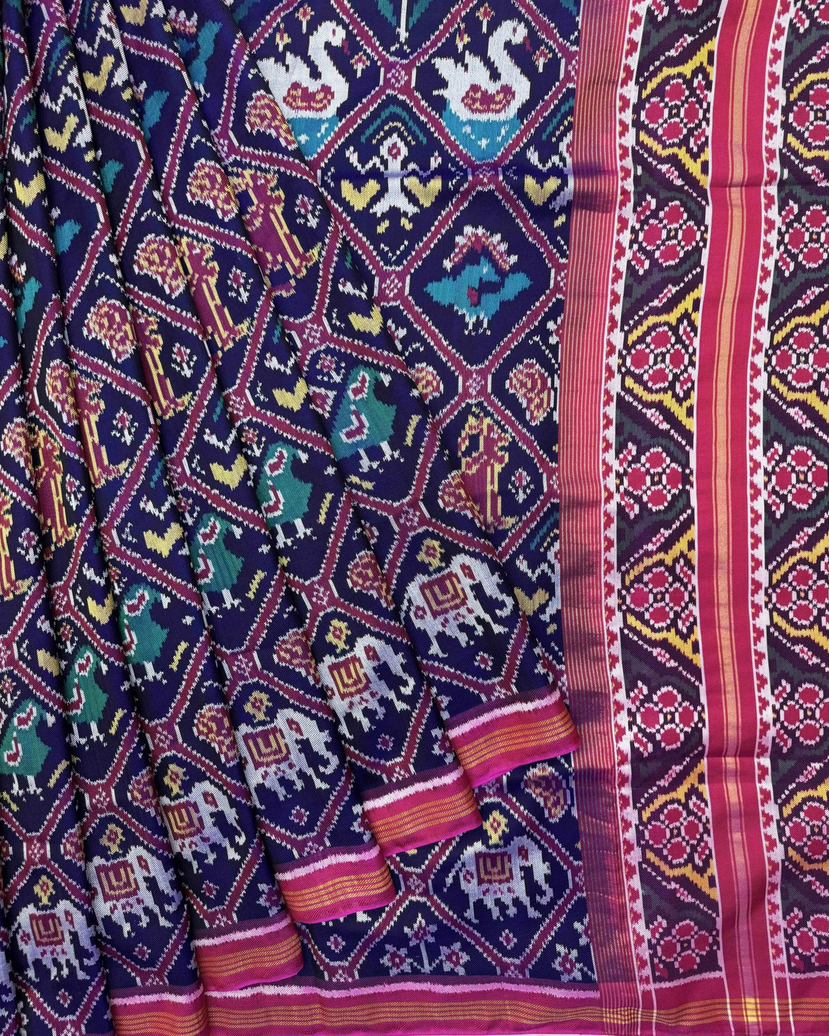 Pink & Indigo Blue Narikunj Twill Patola Saree - SindhoiPatolaArt
