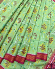 Pink & Light Green Fancy Flower Patola Saree - SindhoiPatolaArt