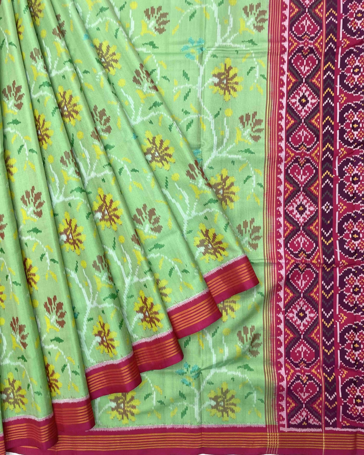 Pink & Light Green Fancy Flower Patola Saree - SindhoiPatolaArt