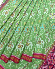 Pink & Light Green Strar Narikunj Patola Saree - SindhoiPatolaArt
