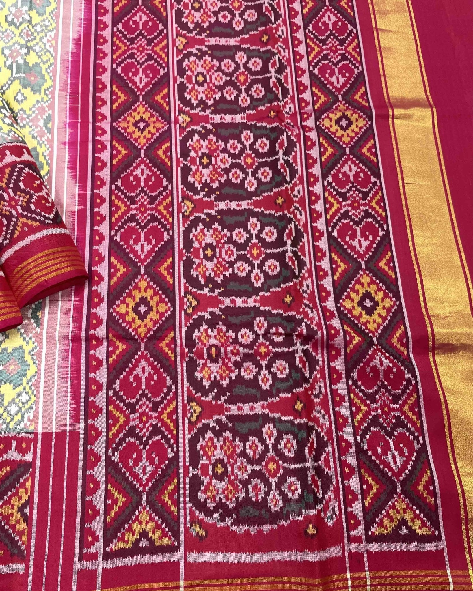 Pink & Light Yellow Navratan Designer Patola Saree - SindhoiPatolaArt