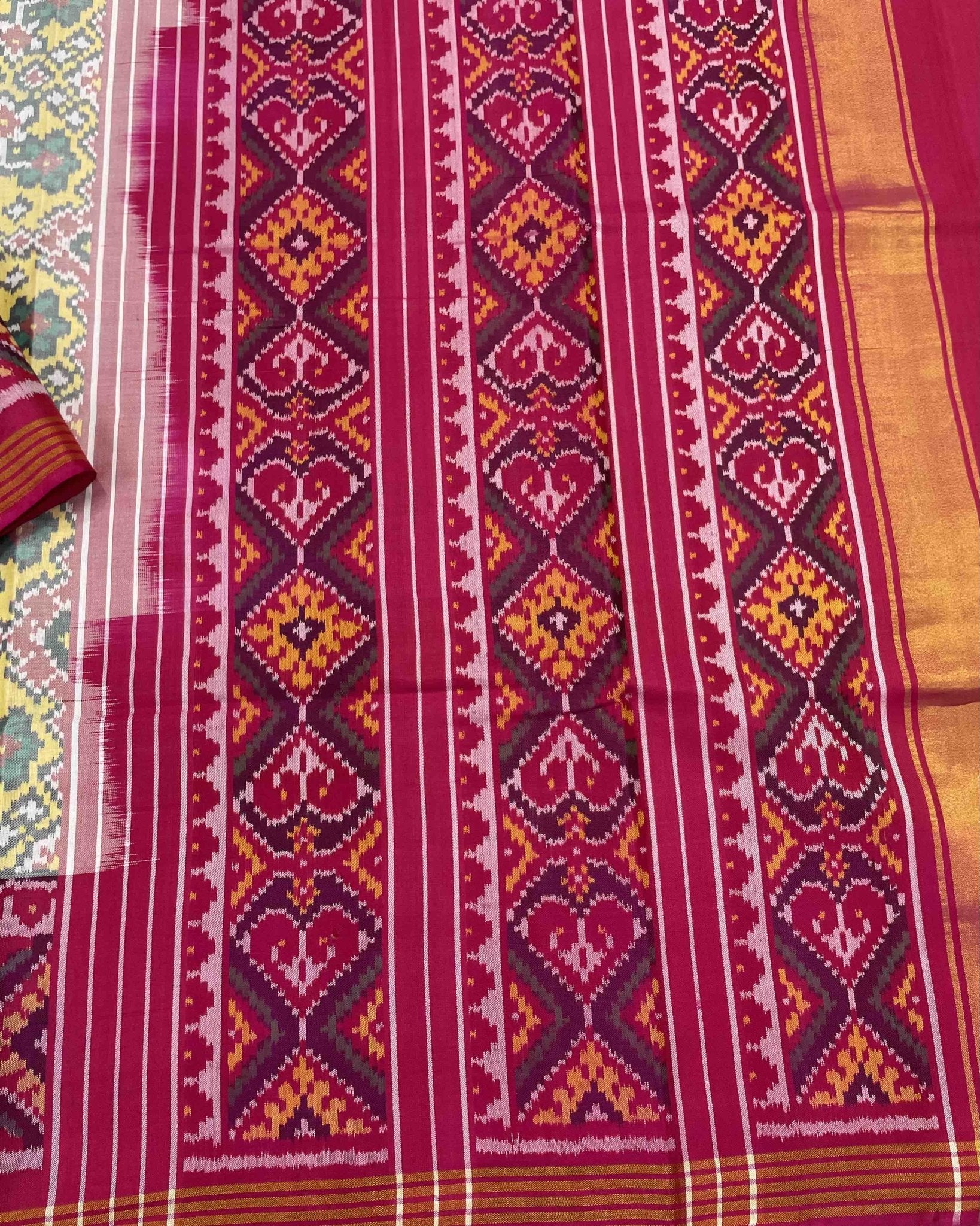 Pink & Light Yellow Navratan Designer Patola Saree - SindhoiPatolaArt