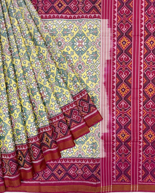 Pink & Light Yellow Navratan Designer Patola Saree - SindhoiPatolaArt