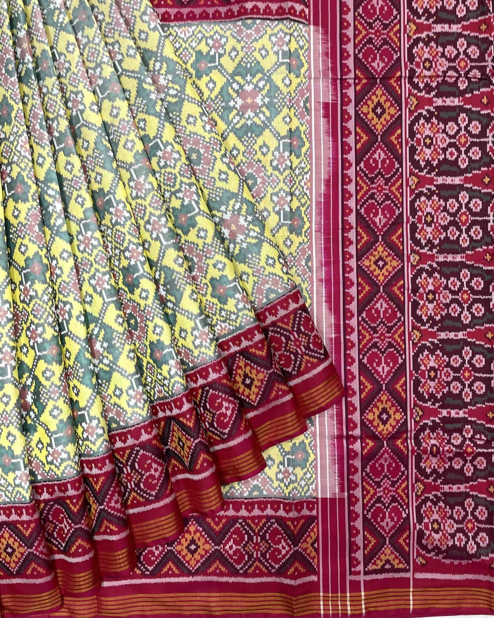 Pink & Light Yellow Navratan Designer Patola Saree - SindhoiPatolaArt