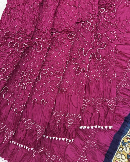 Pink Muga Silk Pen Kamalkari Bandhani Saree - SindhoiPatolaArt
