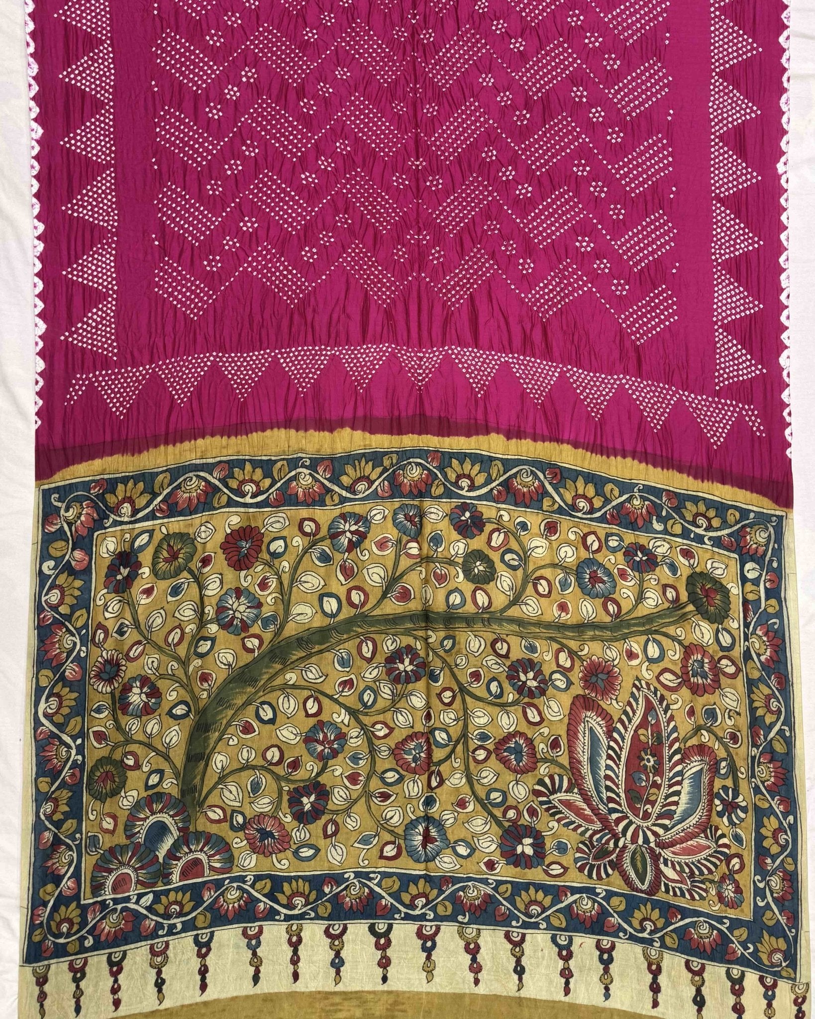 Pink Muga Silk Pen Kamalkari Bandhani Saree - SindhoiPatolaArt