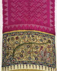 Pink Muga Silk Pen Kamalkari Bandhani Saree - SindhoiPatolaArt