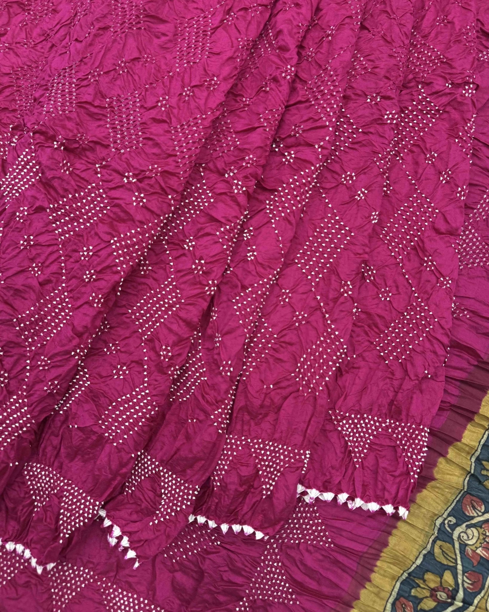 Pink Muga Silk Pen Kamalkari Bandhani Saree - SindhoiPatolaArt