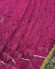 Pink Muga Silk Pen Kamalkari Bandhani Saree - SindhoiPatolaArt