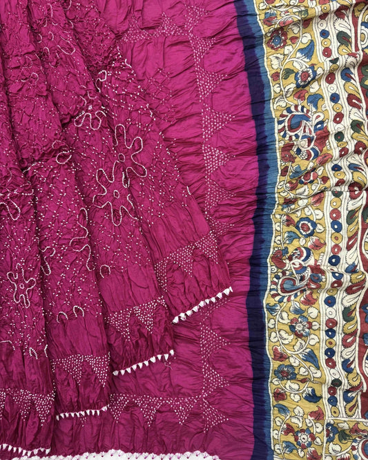 Pink Muga Silk Pen Kamalkari Bandhani Saree - SindhoiPatolaArt