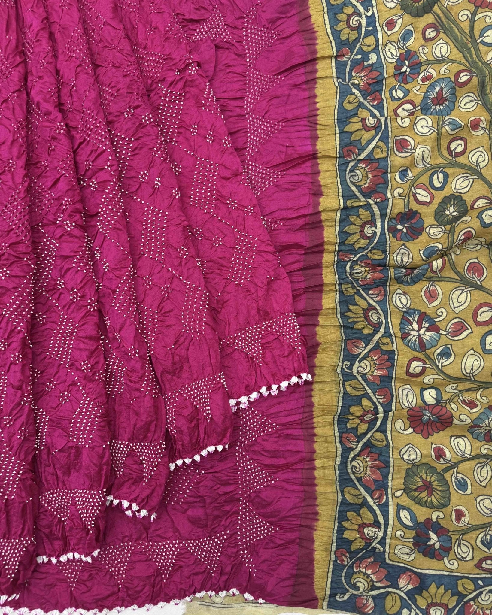 Pink Muga Silk Pen Kamalkari Bandhani Saree - SindhoiPatolaArt