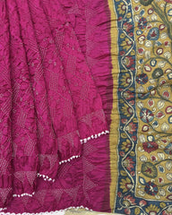 Pink Muga Silk Pen Kamalkari Bandhani Saree - SindhoiPatolaArt