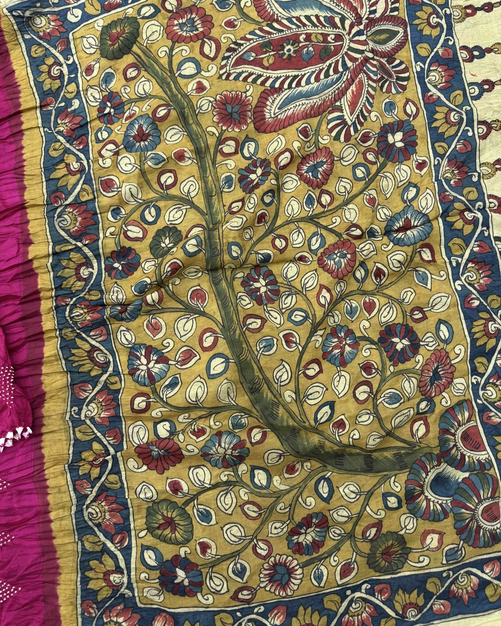 Pink Muga Silk Pen Kamalkari Bandhani Saree - SindhoiPatolaArt