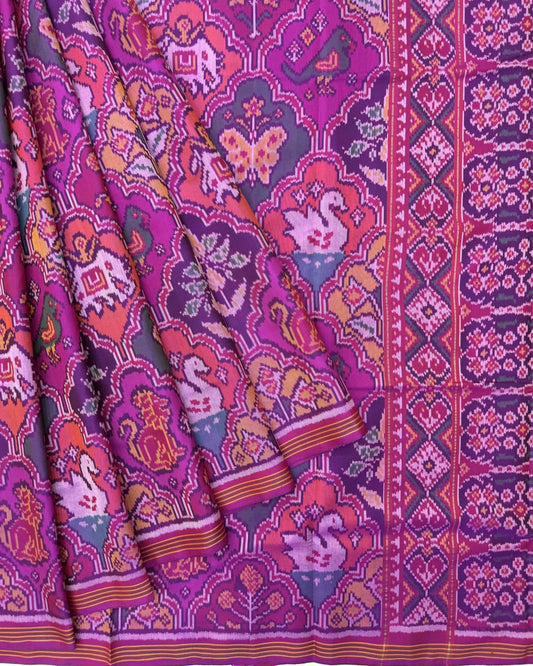 Pink Multicolor Narikunj Semi Double Ikat Patola Saree - SindhoiPatolaArt