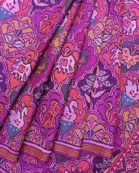 Pink Multicolor Narikunj Semi Double Ikat Patola Saree - SindhoiPatolaArt