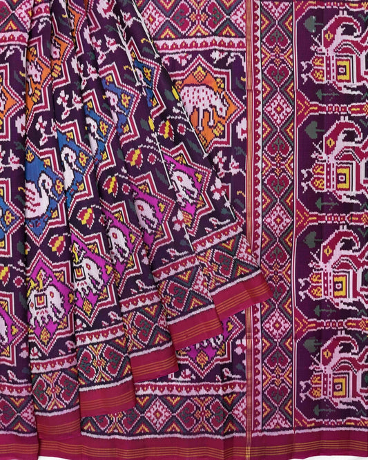 Pink & Multicolour Deer Elephant Swan Figure Star Twill Patola Saree - SindhoiPatolaArt