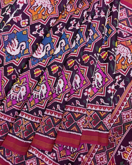 Pink & Multicolour Deer Elephant Swan Figure Star Twill Patola Saree - SindhoiPatolaArt