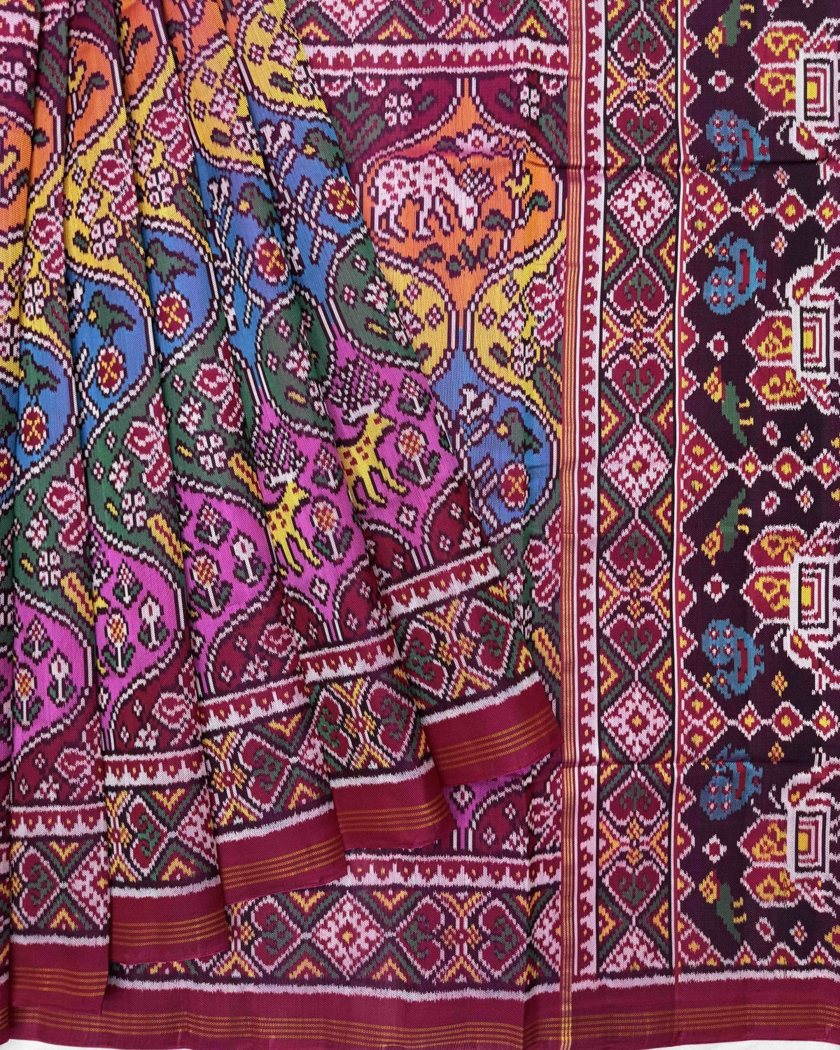 Pink & Multicolour Narikunj Matka Twill Patola Saree - SindhoiPatolaArt