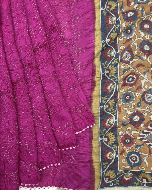Pink Munga Silk Pen Kamalkari Bandhani Saree - SindhoiPatolaArt
