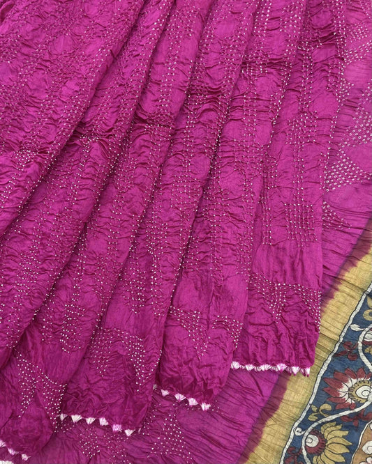 Pink Munga Silk Pen Kamalkari Bandhani Saree - SindhoiPatolaArt