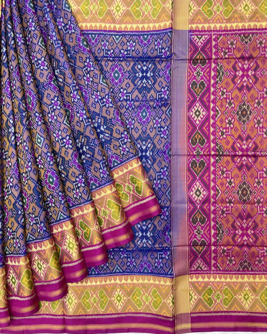 Pink & Mustard Navratan Designer Patola Saree - SindhoiPatolaArt