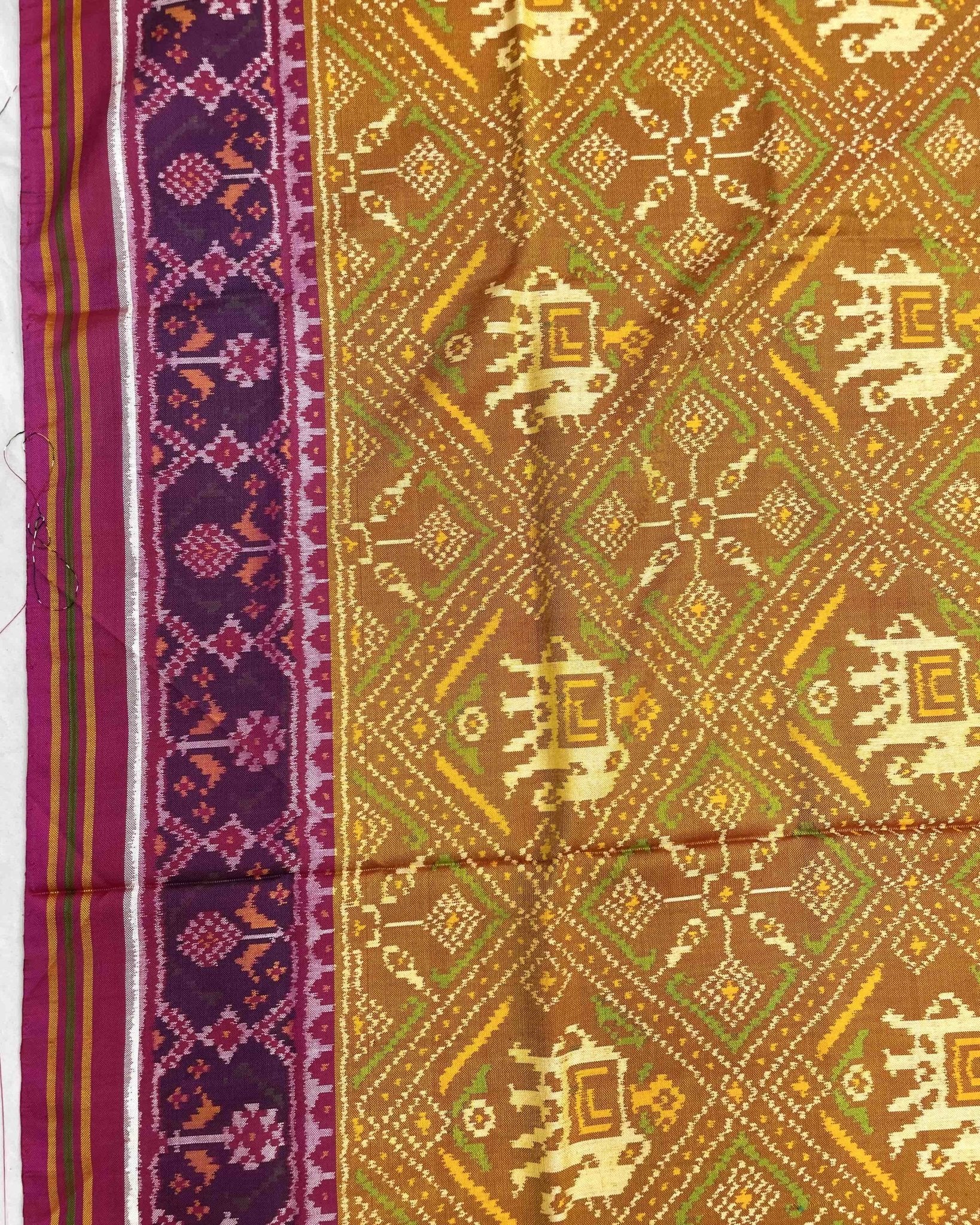 Pink & Mustard Panchanda Elephant Designer Patola Saree - SindhoiPatolaArt