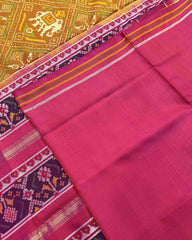 Pink & Mustard Panchanda Elephant Designer Patola Saree - SindhoiPatolaArt