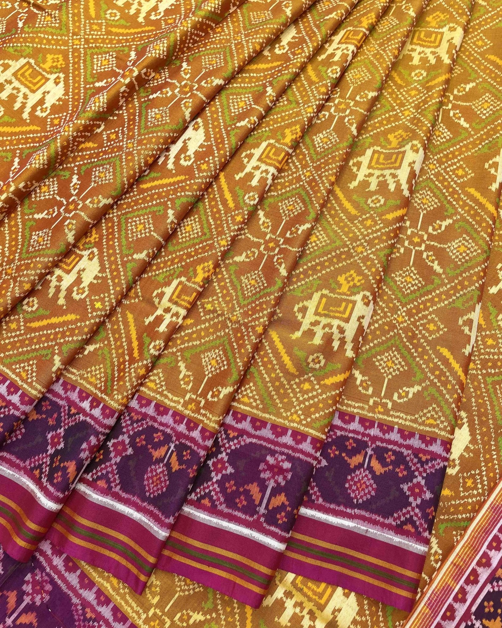 Pink & Mustard Panchanda Elephant Designer Patola Saree - SindhoiPatolaArt